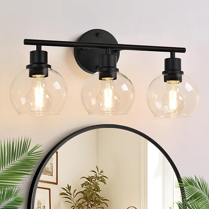 2025 Upgrade 3-Light Bathroom Light Fixtures, Black Bathroom Lights Over Mirror with Clear Glass Globe Shade, Vanity Lights for Bathroom Kitchen Living Room Hallway Cabinet Bedroom Porch.