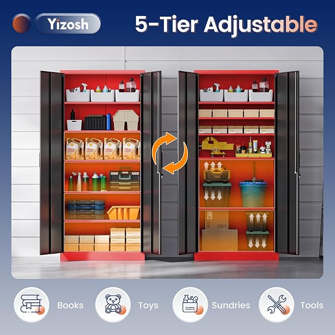 Yizosh Metal Garage Storage Cabinet with 2 Doors and 5 Adjustable Shelves - 71" Steel Lockable File Cabinet,Locking Tool Cabinets for Office,Home,Garage,Gym,School (Red Black)