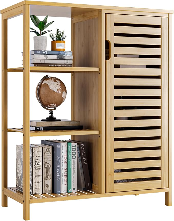 HITNET Bathroom Floor Cabinet, Bamboo Storage Cabinet with Door and 3 Open Shelves, Freestanding Side Kitchen Cupboard Organizer, Natural