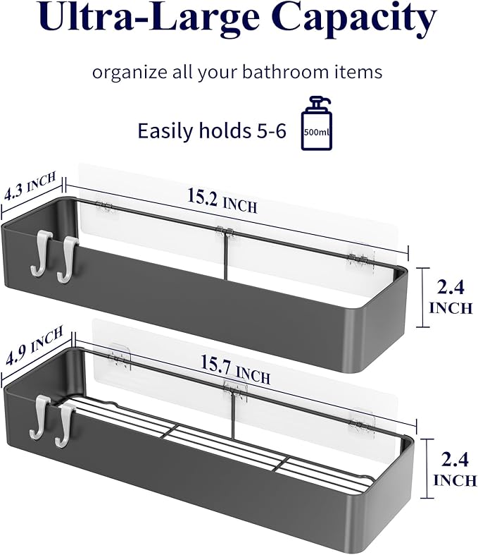 Kitsure Shower Caddy - 2 Pack Adhesive Shower Organizer, Rustproof Metal Shelves, No-Drill Bathroom Organizers and Storage, Dark Grey, XX-Large