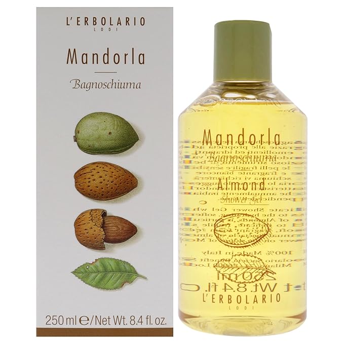 L'Erbolario Shower Gel - Moisturizing Body Wash for Dry Skin - Nourishing Body Soap with Sweet Almond Extract - Warm Amber Scent - Almond - 8.4 oz