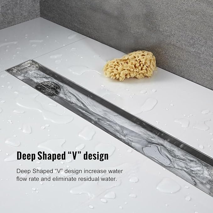 Offset Linear Shower Drain, Shower Drain 24 inch with 2-in-1 Tile Insert Cover, Brushed AISI 304 Stainless Steel Side Outlet Shower Floor Drain with Hair Catcher and Adjustable Feet