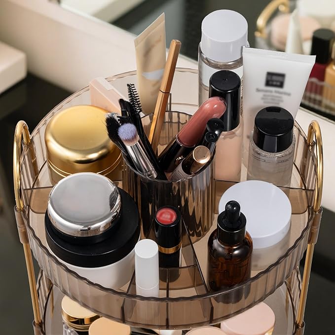 360 Rotating Makeup Organizer for Vanity,3 Tier Large Capacity Skincare Organizers,Bathroom Counter Organizer, transparent Spinning Perfume Organizer & Vanity Organizer (Gold-3 Tier)