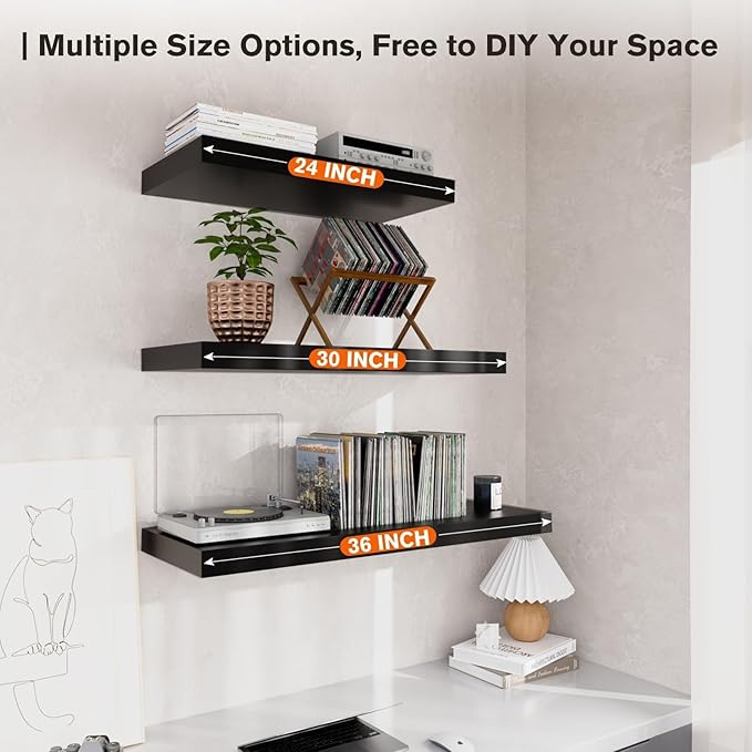 Floating Shelf, Set of 3 Wall Shelf, 30 in W x 12.75 in D x 2 in H Wooden Floating Wall Shelf with Invisible Brackets for Living Room/Bedroom/Bathroom/Kitchen Storage and Decor, Black