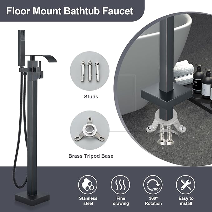 Senlesen Barthroom Tub Filler Faucet Floor Mounted Bathtub Shower Faucet Waterfall Spout Free Standing Tub Mixer Tap with Handheld Sprayer