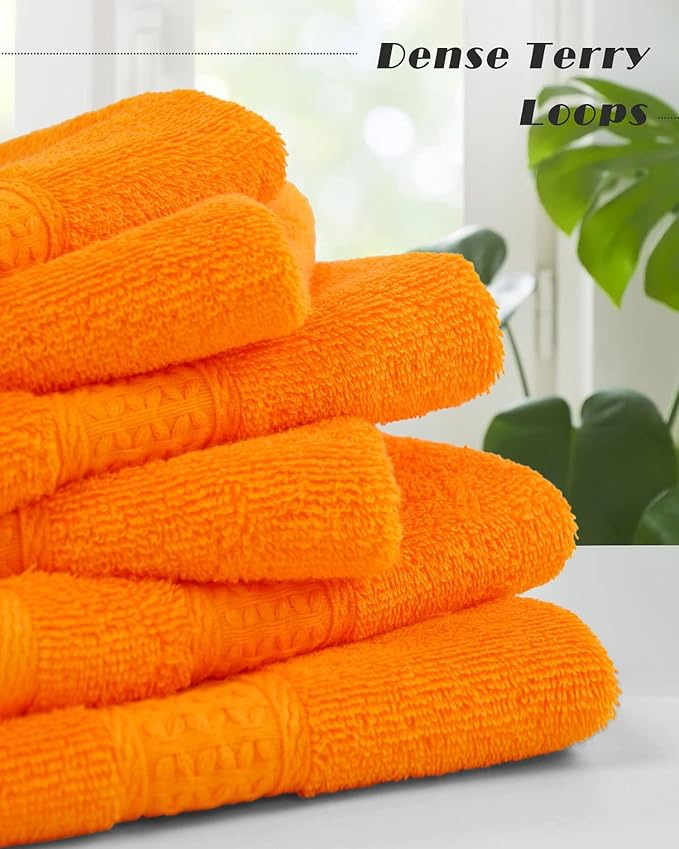 Cleanbear Washcloths Orange Face Cloths Set of 6 Large All Cotton Bathroom Wash Cloth - 13 by 13 Inches Highly Absorbent Face Towels for Fall Bathroom Decor Daily Use