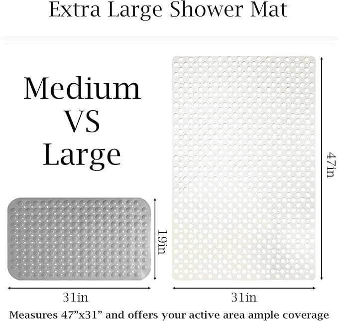 Extra Large Shower Mat Non Slip,47 * 31 Inch Bath Mat for Shower with Big Suction Cups,Oversized TPE Shower Mats for Inside Outside Shower,Perfect for Elderly