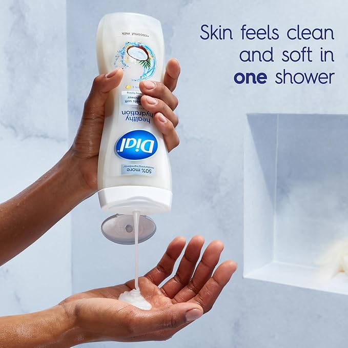 Dial Body Wash, Healthy Hydration, Coconut Milk + Vitamin E, 16 fl oz (Pack of 4), Gentle, Leaves Skin Feeling Soft In 1 Shower, Dermatologist-Tested, No Parabens & Silicones