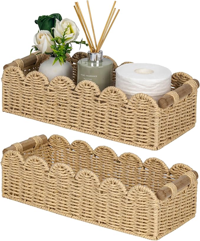 CubesLand Scalloped Decor Basket for Living Room, Home, Bathroom, 2SAME SIZE Paper Rope Basket, Toilet Storage Baskets for Over Toilet Storage Shelf, Cute Woven Basket Both Storage&Decor, Beige