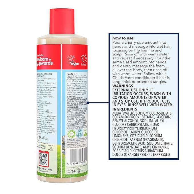Childs Farm, Kids Hair & Body Wash for Dry, Sensitive Skin, Organic Sweet Orange, Gently Cleanses, Vegan, Cruelty-Free, 16.9 fl oz