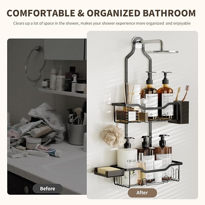 Shower Caddy Hanging 2-Tier Bathroom Organizer for Tall Showerhead with Soap Dish and Toothbrush Holder,Rustproof Over Shower Head Rack,Black