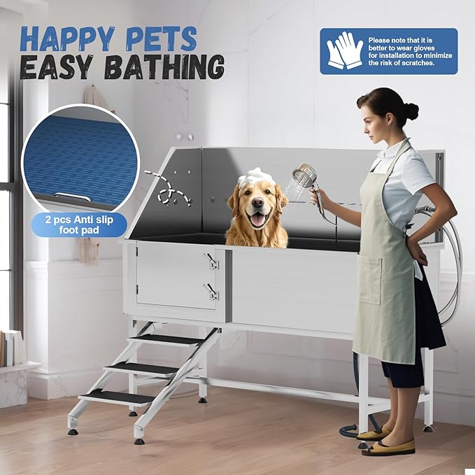 Albott 60 Inch Stainless Steel Dog Washing Station, Professional Pet Bathtub with Stairs, 3-Speed Adjustable Showerhead, Removable Grates, and Easy-Clean Design, XL for Large Dogs (Left Door).