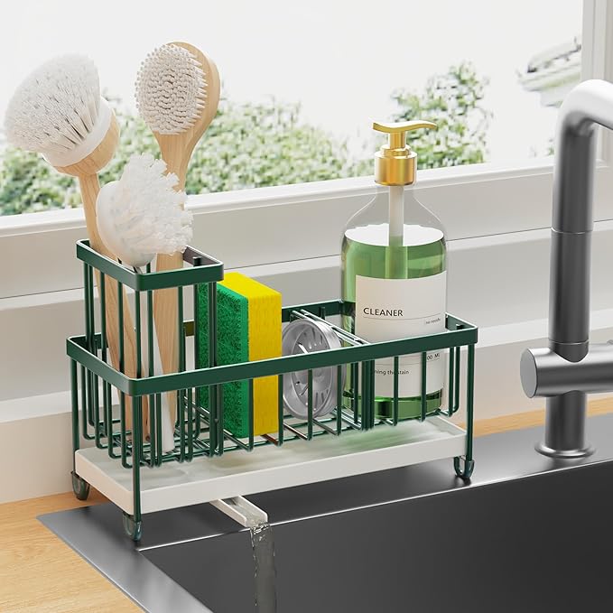 Cisily Sponge Holder for Kitchen Sink, Sink Caddy Organizer with High Brush Holder, Countertop Organizers and Storage Rustproof 304 Stainless Steel, Dark Green Kitchen Decor and Accessories