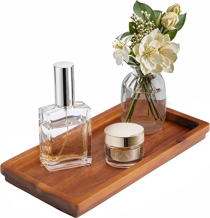 Bathroom Vanity Tray 11.8 x 5.9 inches of Natural Acacia Wood - Elegant Organizer for Cosmetics, Jewelry, Perfume, Candle, Key - Premium Wood Tray for Bathroom, Kitchen, Countertop, Toilet Tank, Sink