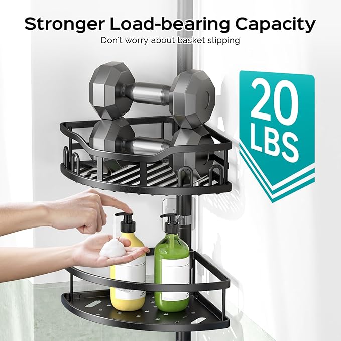 HAMITOR Corner Shower Caddy Tension Pole: Rustproof Stable 4-Tier Bathroom Organizer Shelves for Bathtub Shampoo Storage - 47-121 Inch Quick Install Adjustable Standing Rack with Soap Rack - Black