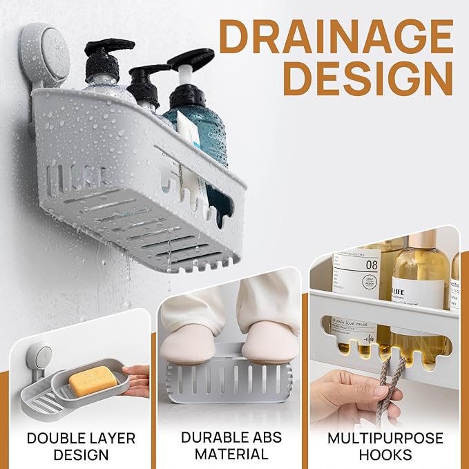 LEVERLOC Shower Caddy Suction Cup Set Shower Organizer & Soap Holder & Toothbrush Holder, Bathroom Shelf Basket NO-Drilling, Removable Suction Storage Waterproof Bathroom Caddy, Gray