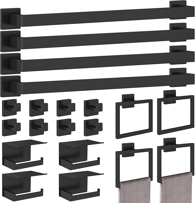 20-Pieces Matte Black Bathroom Hardware Set, 24 Inch Bath Towel Bar Set, Stainless Steel Towel Racks for Bathroom Wall Mounted