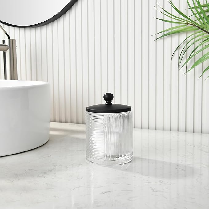 Clear Transparent Apothecary Ribbed Geometric Etched Glass Jar W/Matte Black Metal Lid Cover for Bathroom Organization, Cotton Balls, Q Tips, and Small Accessories, Bathroom Storage