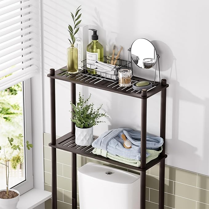 AmazerBath Bamboo Over The Toilet Storage Shelf, 2-Tier Over Toilet Bathroom Organizer Rack, Bathroom Shelves Over Toilet Space Saver, Espresso