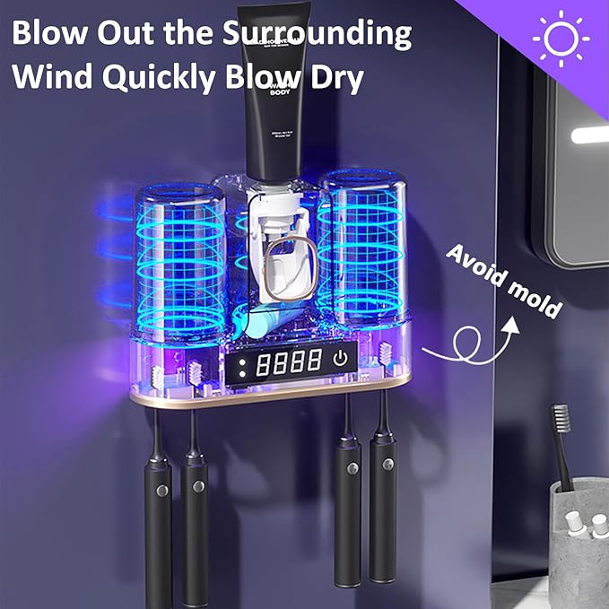 Toothbrush Holders for Bathrooms with Air-Drying, Toothbrush Sanitizer Holder with Smart Countdown LED Screen, 2 Cups Electric Toothbrush Holders Wall Mounted with Toothpaste Dispenser