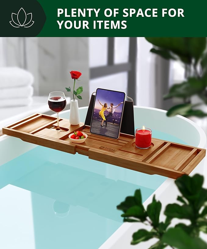 ROYAL CRAFT WOOD Premium Foldable Bathtub Tray - Wood Bath Tray for Tub, Bamboo Shelf, Expandable Bath Table Trays, Bathtub & Bathroom Accessories for New Home Gifts for Mom