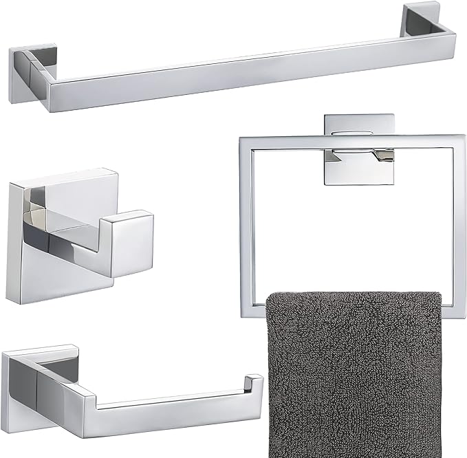 4-Piece Bathroom Hardware Set Chrome Bath Towel Bar Holder Sets Wall Mounted Stainless Steel Bathroom Accessory Kit, Polished Chrome 23.6 Inch