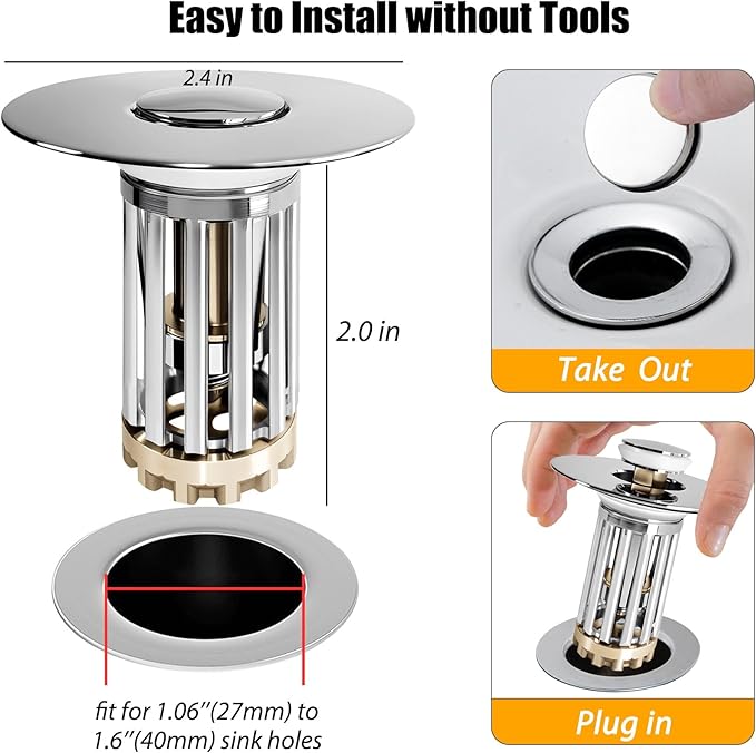 Bathroom Sink Drain Strainer, 3 in 1 Pop Up Bathroom Sink Stopper with Removable Brass Basket Hair Catcher, Universal Sink Plug for 1.06 to 1.6in Drain Hole, Chrome Silver