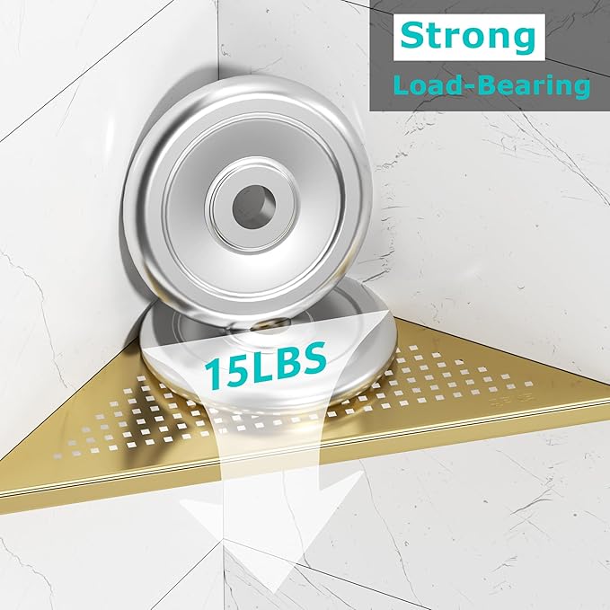 Bathroom Corner Shelf, Recessed 12" Shower Shelf Caddy, SUS304 Stainless Steel Shelf Wall Mount Triangular, No Drilling, Brushed Golden