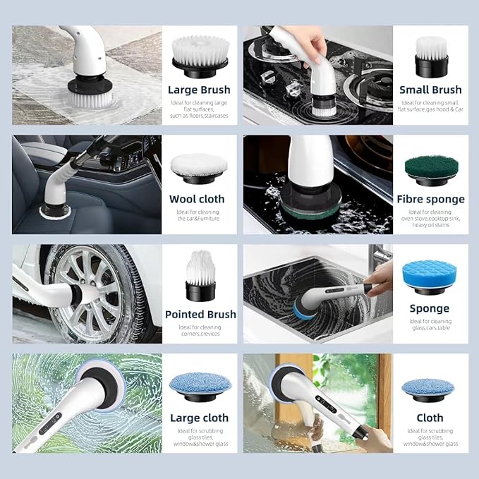 Electric Spin Scrubber Bathroom - Adjustable Handle Cordless Shower Scrubber, 2 Speeds, Bathroom Scrubber with 8 Replaceable Brush Heads, Power Scrubber for Bathtub Cleaning