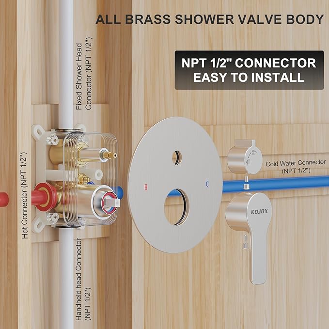 12-Inch Brushed Nickel Shower System: Ultimate High-Pressure Experience with Rainfall & Handheld Heads, Wall-Mounted Mixer, Rough-In Valve, & Trim Kit