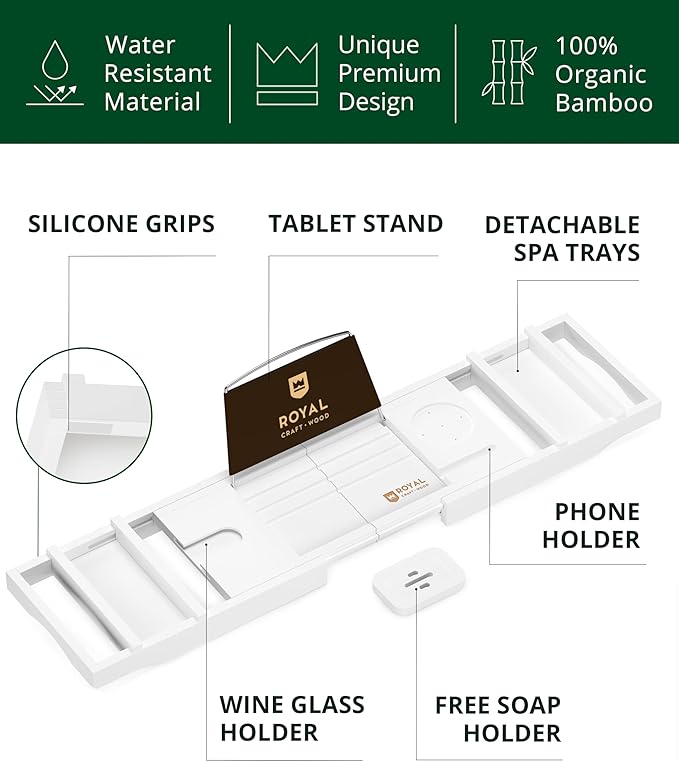 ROYAL CRAFT WOOD Premium Foldable Bathtub Tray - Wood Bath Tray for Tub, Bamboo Shelf, Expandable Bath Table Trays, Bathtub & Bathroom Accessories for New Home & Mothers Day & Birthday Gifts for Mom