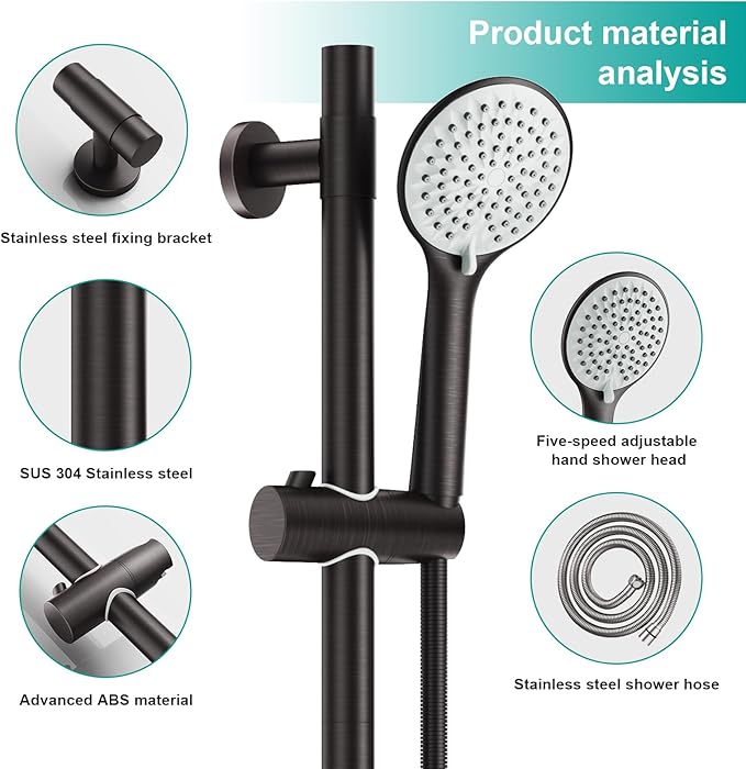 Shower Slide Bar Handheld Shower Head with Hose, 5-Function Hand Shower with Wall Mount，shower slide bar,adjustable height shower head (A-round, ORB)