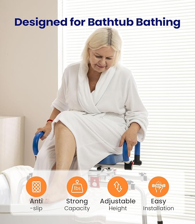 VOCIC Sliding Shower Chair with Swivel Seat, Swivel Tub Transfer Bench, Shower Bench for Elderly, Adjustable Height Bathtub Bench with Armrests & Swivel Padded Seat & Safety Belt, AX19