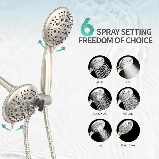 SR SUN RISE Shower System with Handheld Shower and Rain Shower Combo Set High Pressure 5-spray Dual 2 in 1 Shower Faucet Patented 3-way Diverter Brushed Nickel (Valve Include）