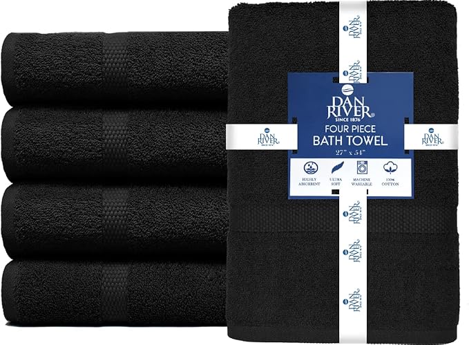 DAN RIVER Bath Towels Set of 4, 27 x 54 Inches, 100% Cotton, Larger & Lighter Weight, Quicker to Dry, Super Soft and Absorbent, Ideal Black Bath Towels for Daily Use