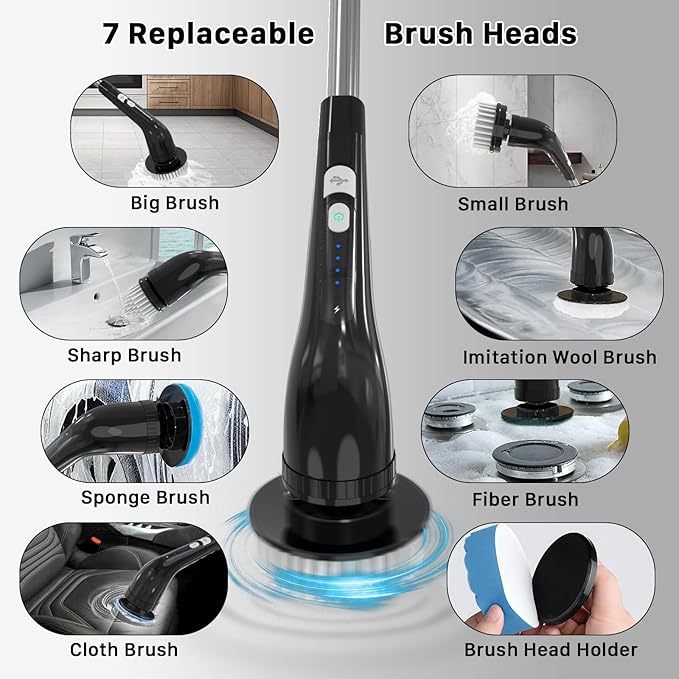 Electric Spin Scrubber, Cordless Cleaning Brush, Shower Scrubber with 7 Replaceable Brush, 2 Speeds and Adjustable Extension Handle for Bathroom Shower Bathtub Glass Car(Black)