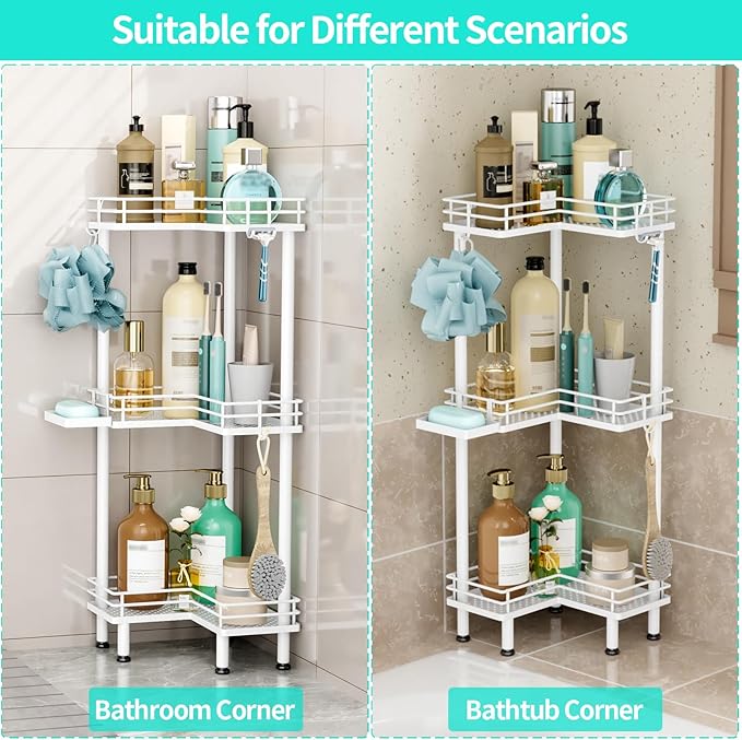HapiRm Corner Shower Caddy Standing - 3 Tier Shower Organizer Corner with Soap Holder, Rustproof Bathroom Standing Organizer with 4 Hooks, White