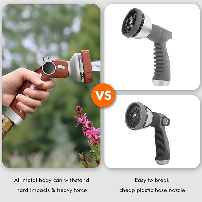 RESTMO Hose Nozzle Heavy Duty, Metal Water Hose Sprayer for Garden, 9 Spray Patterns | High Pressure | Thumb Flow Control | On/Off Valve, Ideal for Lawn & Plant Watering, Car & Pet Washing, Red