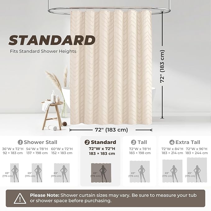 Cream Shower Curtain Boho Farmhouse Shower Curtain 72”W x 72”L Tufted Chevron Textured Minimalist Shower Curtains for Bathroom