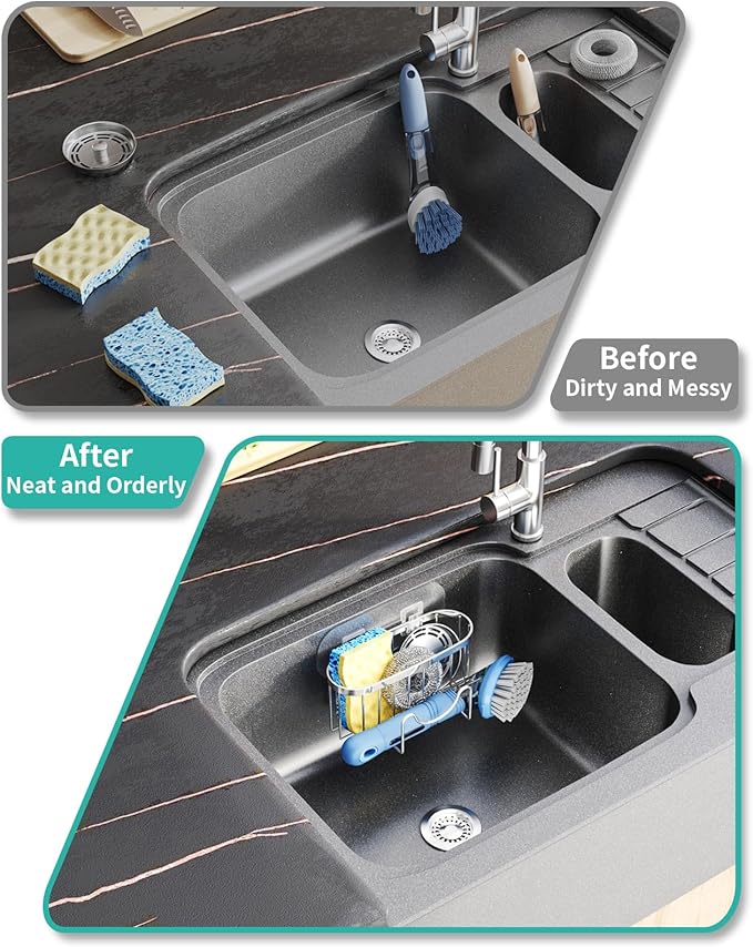 HapiRm Multifunctional Adhesive Kitchen Sink Organizer with M-Shaped, 2 Installation Methods Kitchen Sponge Holder, Rustproof Sponge Caddy for Brush, Sink Stopper and Scraper -Silver