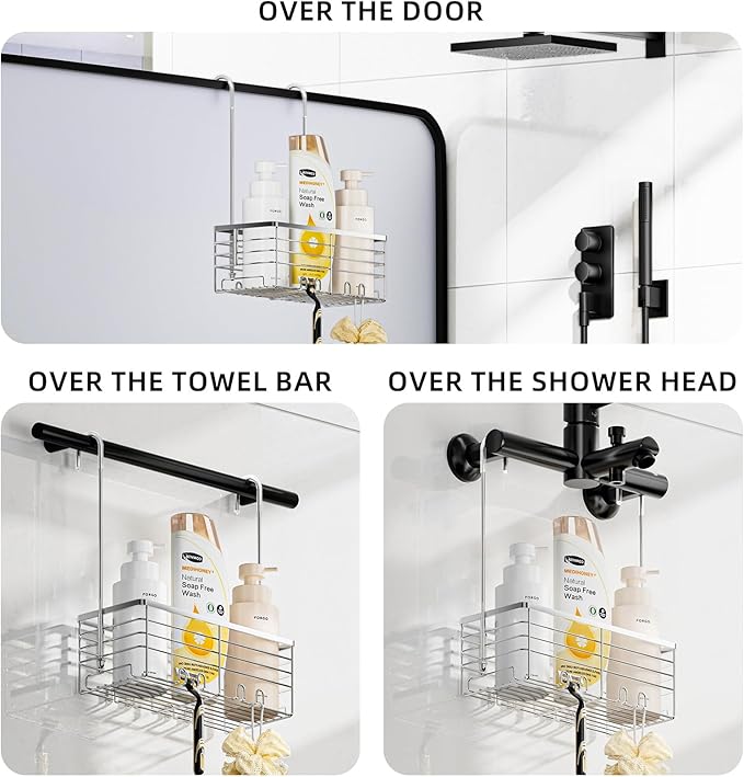 SHANSHUI Shower Hanging Caddy, Bathroom Shower Organizer Basket, Shampoo Bracket, Over Door Showers Rack with Hooks, 304 Stainless Steel Rustproof