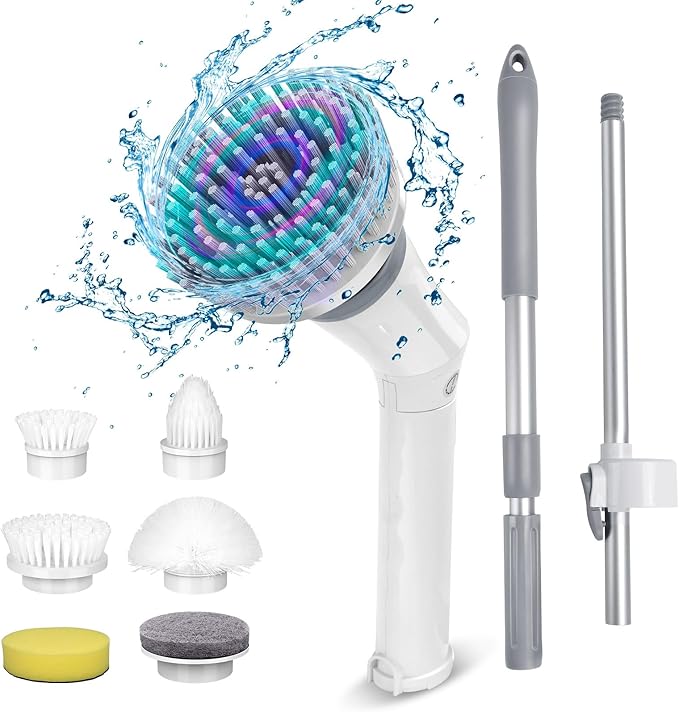 Qimedo Upgrade Rechargeable Electric Scrubber for Cleaning, 45-inch Handheld Spin Scrubber with Extended Long Handle, Cordless Power Dish Scrubber with 6 Brushes for Bathtub Grout Tile Floor
