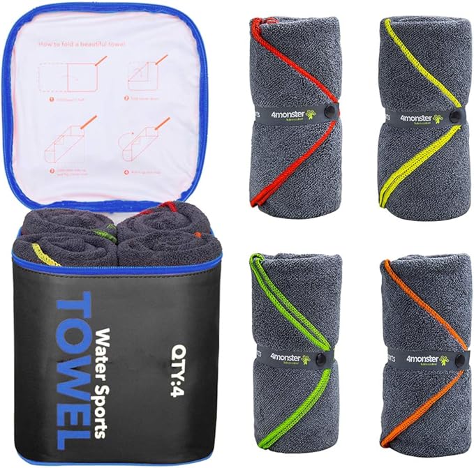 4Monster 4 Pack Microfiber Camping Towel Quick Dry, Super Absorbent Travel Towel with Waterproof Bag, Lightweight Boat Towel for RV, Sport, Gym, Beach, Pool, Swim,Family Trip