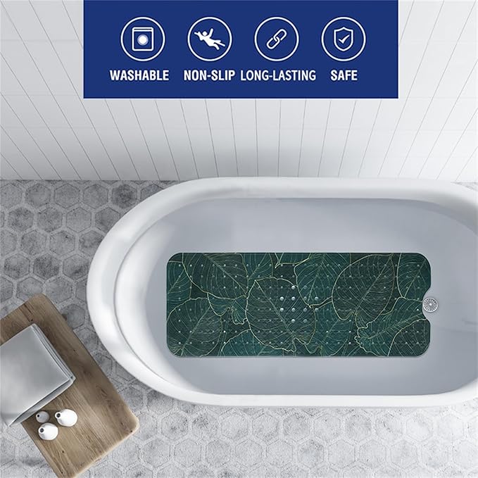 Palm Leaves Bathtub Mat Non Slip 40x16in Palm Leaf Extra Long Bath Mat for Tub Tropical Banana Leaf Plant Anti Slip Shower Mat for Bathroom with Large Drain Holes Suction Cups Quality Bath Mats Decor