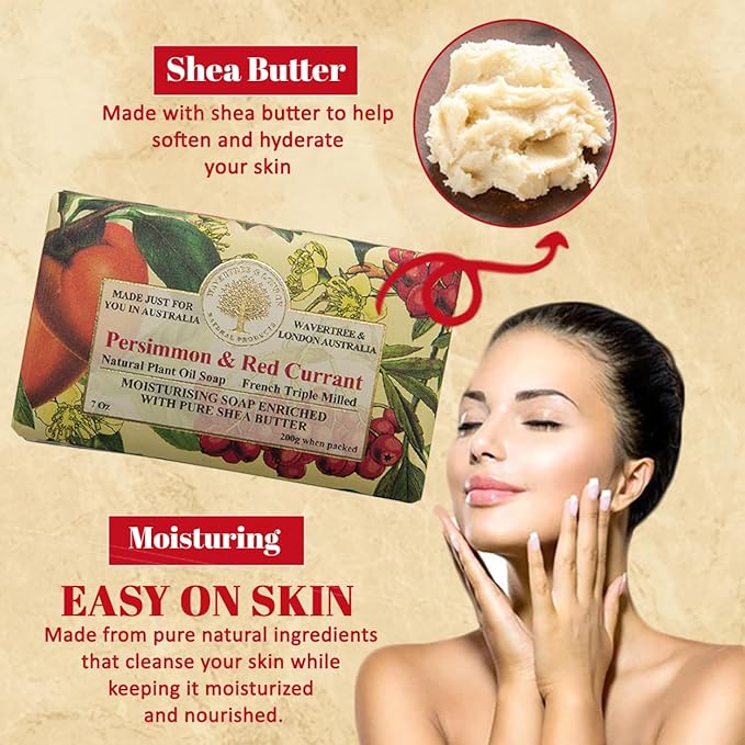 Wavertree & London Persimmon & Red Currant Scented Natural Soap Bars (2 Bars), 7 oz Moisturizing French Triple Milled Soap Bars enriched with shea butter, Plant Oil Bath & Body Soap for Women & Men