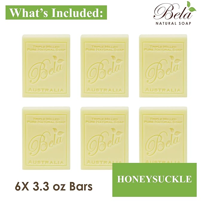 BELA Pure Natural Soap - Honeysuckle Scent - 3.3 oz Pack of 6, Long Lasting Triple Milled French Soap Enriched with Organic Shea Butter, Rich Creamy Lather, Made in Australia