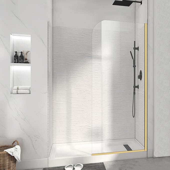 Glass Shower Panel, 36" W x 76" H Semi-Framed Fixed Shower Panel in Brushed Gold with 5/16"(8mm) Clear Tempered Glass Door, Simple Shower Door Panel for Bathroom