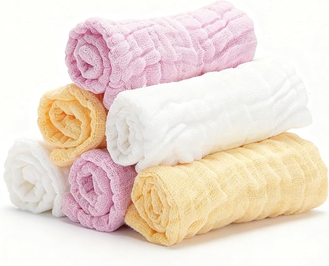 Organic Muslin Baby Washcloths 6 Pack Baby Bath Face Towel 12x12 Inch Extra Absorbent and Soft Burp Cloth and Wash Cloths for Newborn-Infants On Sensitive Skin (White Yellow Pink)
