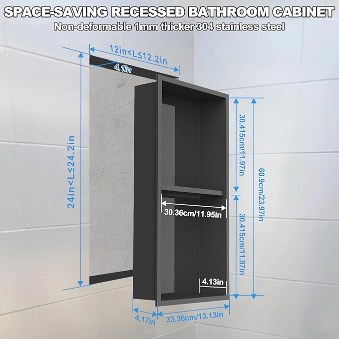 304 Stainless Steel Shower Niche Insert-Glossy Black 24 x 12" No Tile Needed Bathroom Niche for Shower Wall-Double Shelves Built in Shower Shelf-Waterproof Recessed Cabinet for Bathroom Living Room