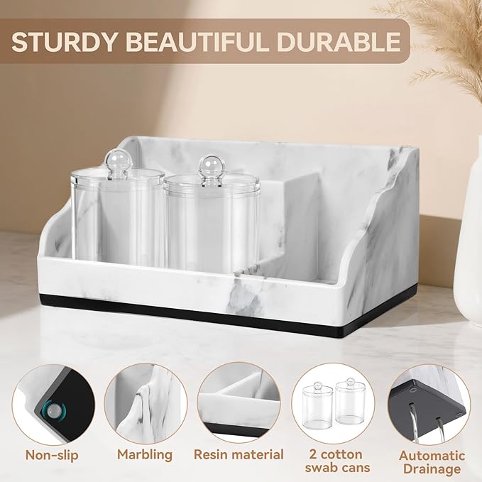 Marble Bathroom Countertop Organizer, Toothbrush Holders for Bathroom with 2PCS Qtip Holder Dispenser and Toothpaste Holder Drainage for Bathroom Accessories Organization Counter Vanity Storage